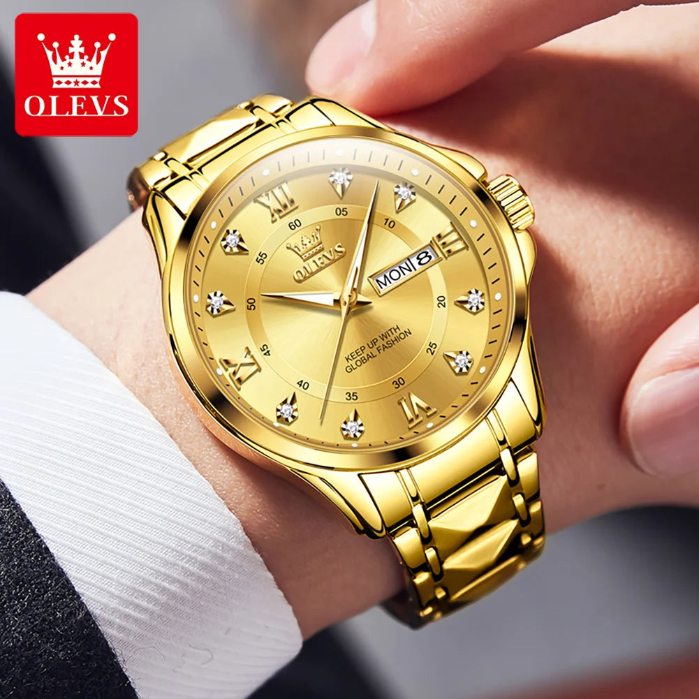 OLEVS High Quality Luxury Watches for Men Stainless Steel Dual Calendar Luminous Waterproof Quartz Fashion Business Man Watch