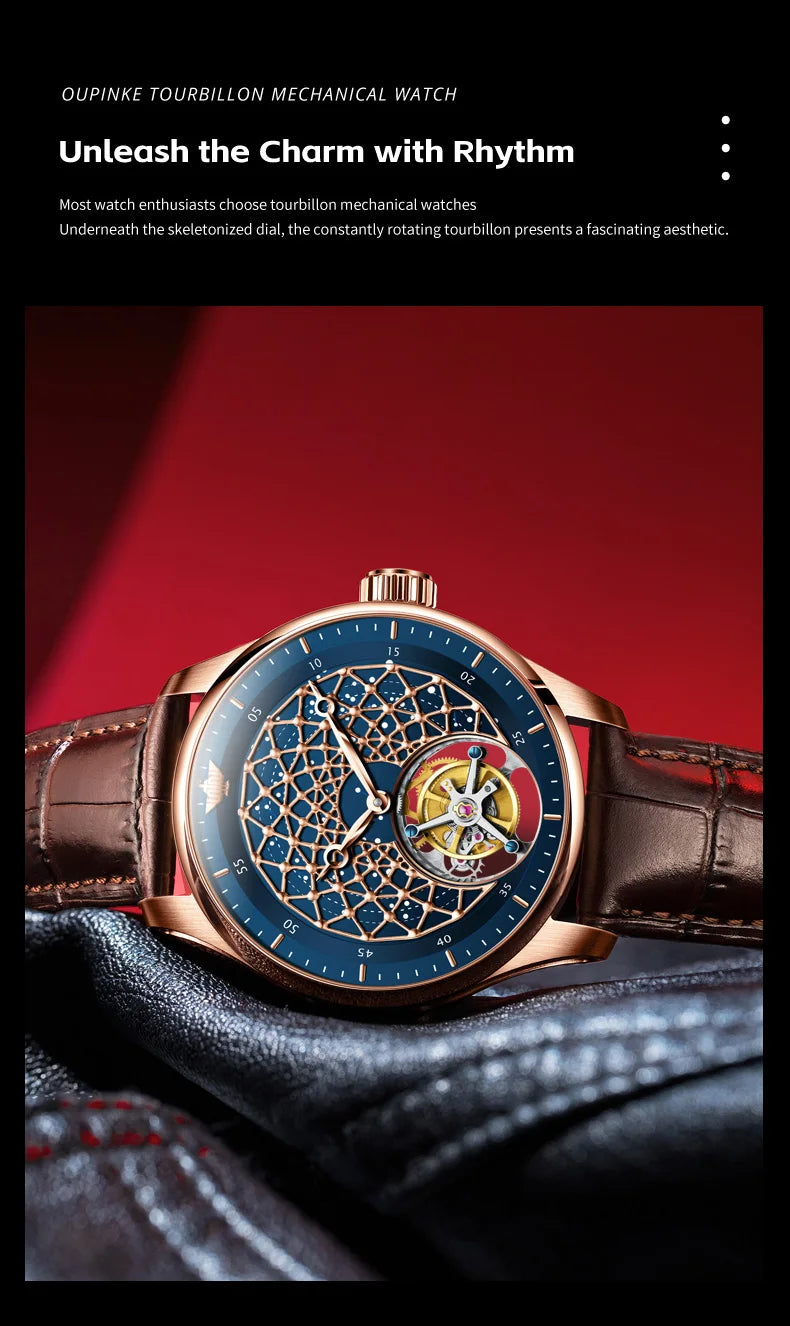 OUPINKE 8002 Watch Man Hollow Deep Waterproof Tourbillon Mechanical Watch For Men Synthetic Sapphire Mirror Fashion Hand Clock