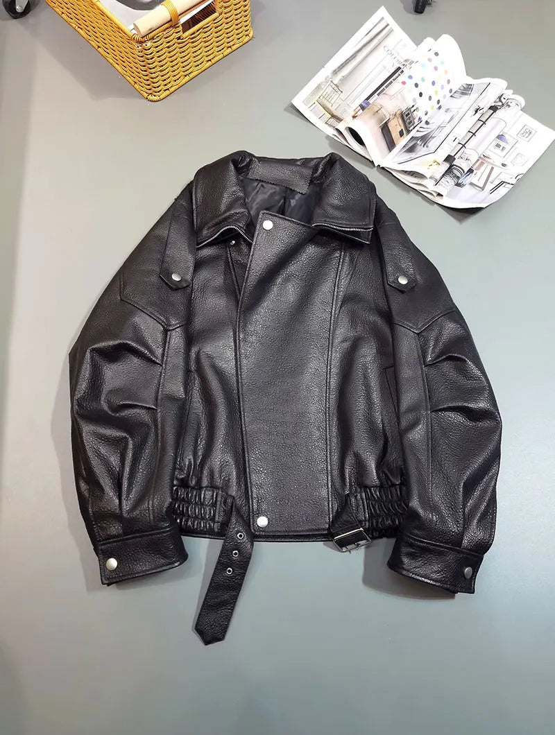 Lamb Soaked Leather Motorcycle Jacket Loose PU Leather Jacket Oversize2025 New High-end Simple Early Autumn Jacket