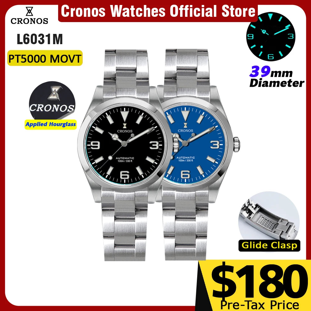 Cronos EX Diver Mechanical Men Watch 39mm Automatic PT5000 Sapphire Glass Bushed Bracelet Glide Clasp 10ATM  L6031