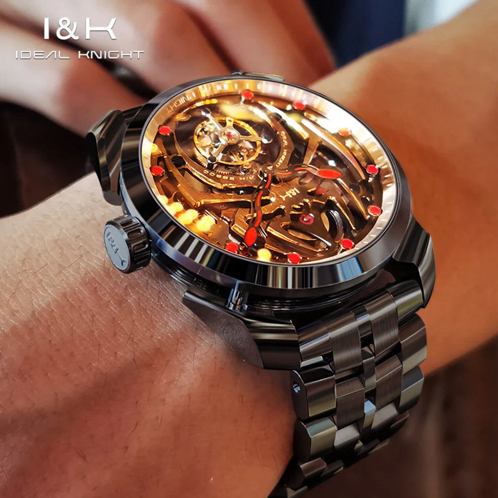 IDEAL KNIGHT 6802 Automatic Watch For Men Hollow Skeleton Mechanical Wristwatch Waterproof Tourbillon Man Watch Sapphire Mirror
