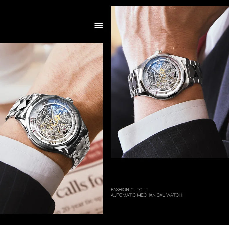 OUPINKE Tungsten Steel Strip Men's Watches Fully Transparent Dial Automatic Mechanical Watch Waterproof Sapphire Mirror Surface