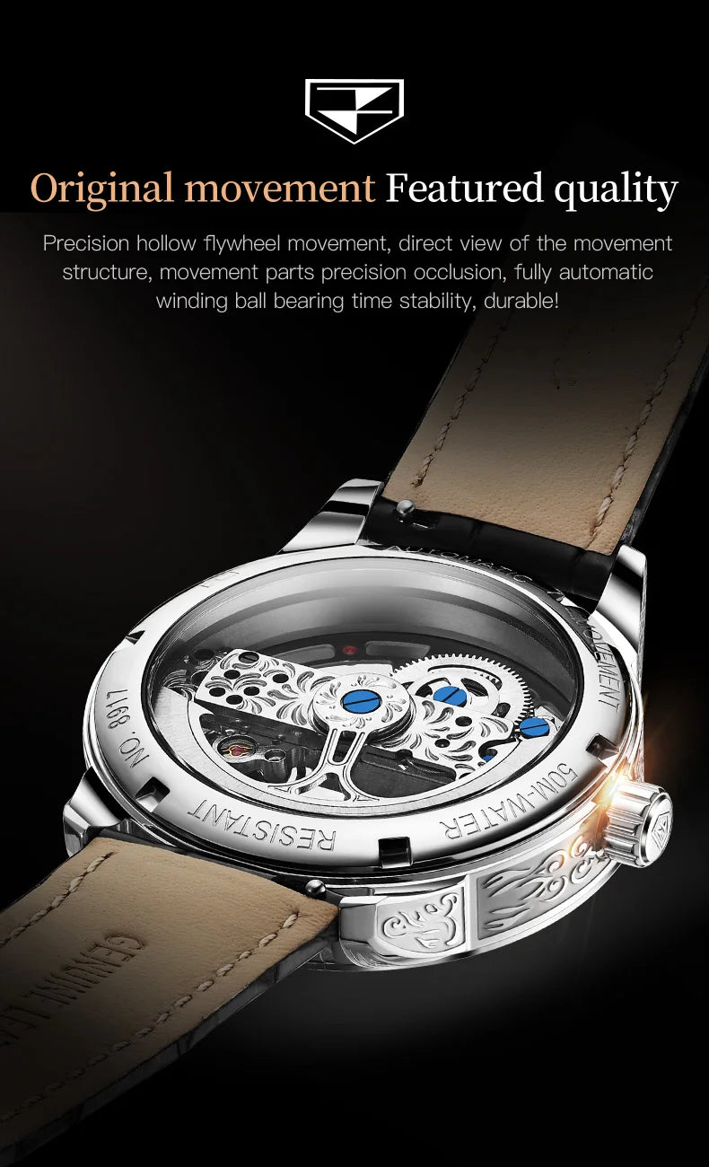JSDUN 8917 Mens Watch Leather Strap Original Business Multifunctional Mechanical Watch﻿ Waterproof Watches For Man Gifts