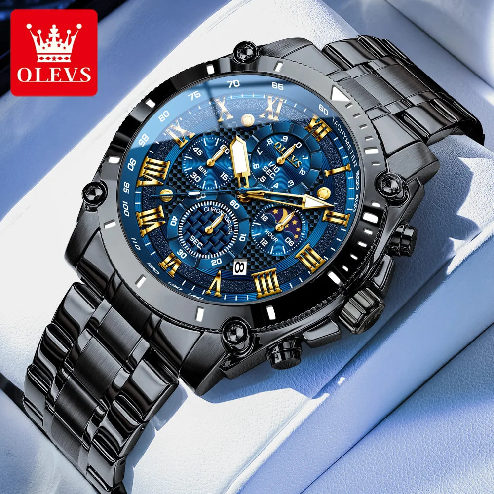 OLEVS Watches Man 3689 New Original Quartz Watch Waterproof Luminous Moon Phase Sports Watches For Man Stainless Steel Reloj