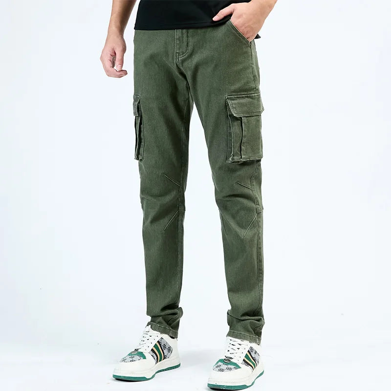 Men's Street Style Elastic Waist Denim Cargo Pants Solid Color Washed Slim Fit Casual Jeans with Multiple Pockets for Daily Wear