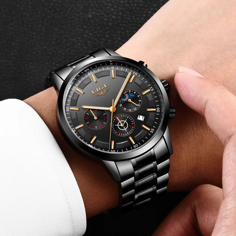 LIGE Business Watches Mens Top Brand Luxury Quartz Wristwatch 3Bar Waterproof Chronograph Luminous Watch for Gentleman Gift+Box