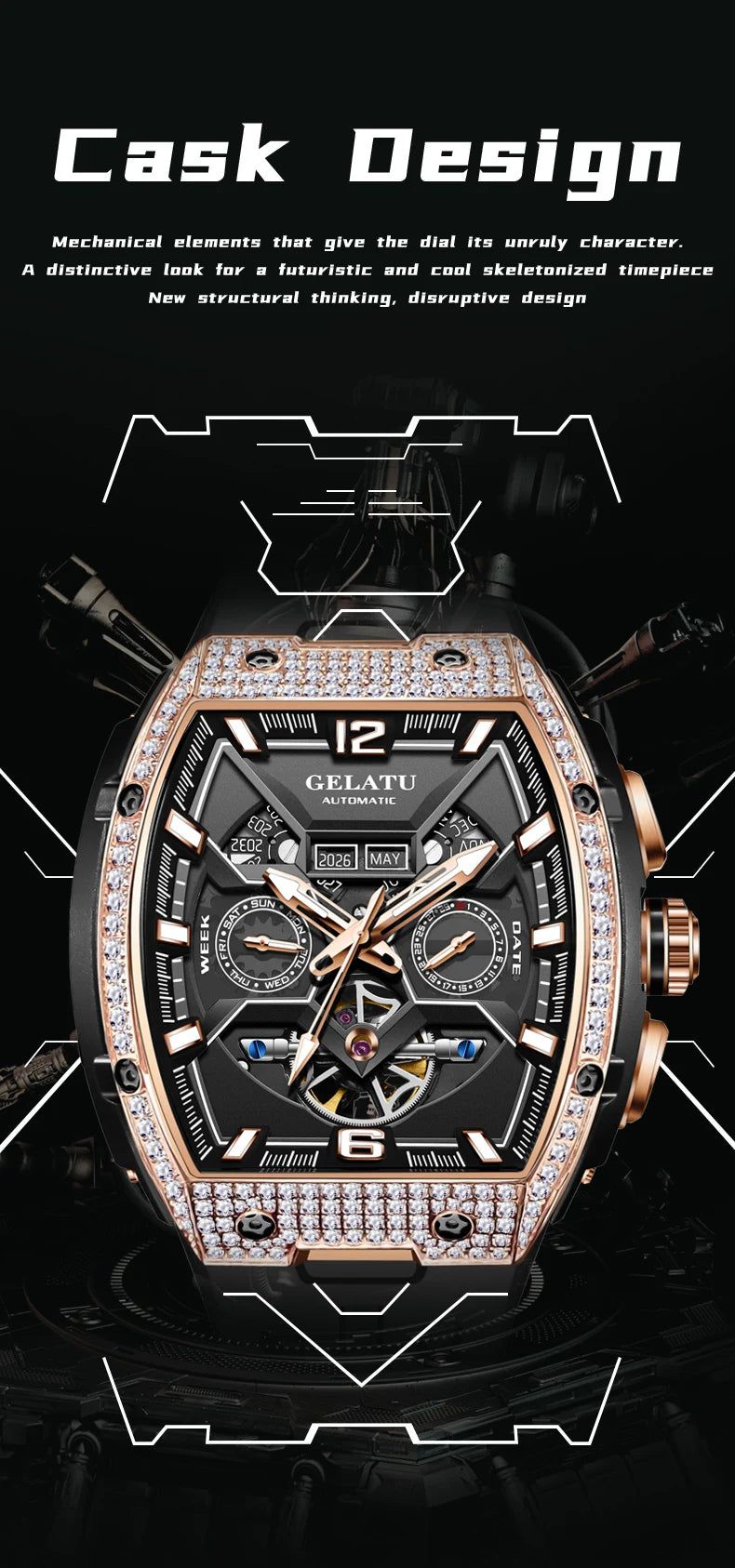 GELATU 6016 Skeleton Flywheel Automatic Men Watch Original Waterproof Silicone Strap Luxury Brand Diamond Men Mechanical Watch