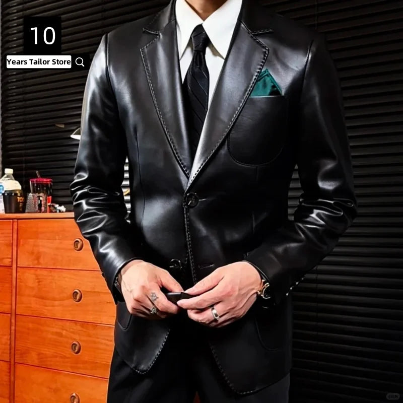 New Men Leather Clothes Suits Slim Fit Casual Lapel Formal Wear Jackets Youth Handsome Leather Soft leather Jacket