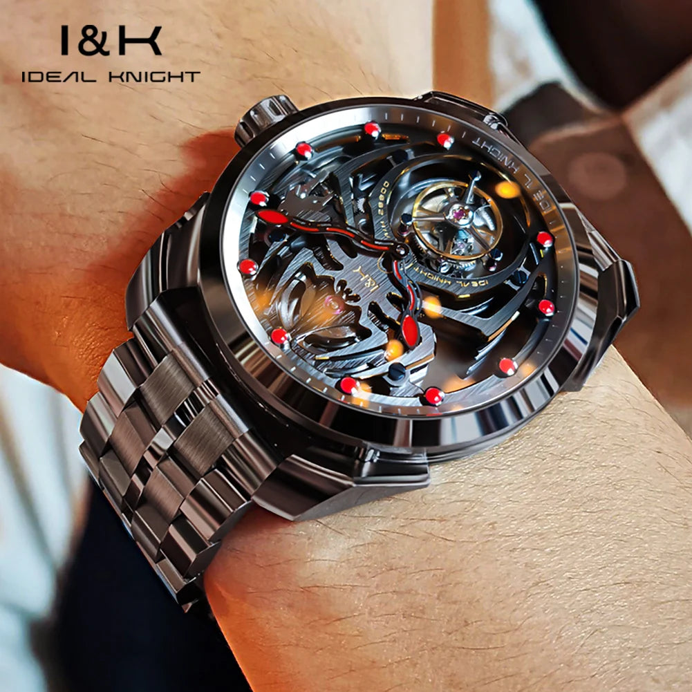 IDEAL KNIGHT 6802 Automatic Watch For Men Hollow Skeleton Mechanical Wristwatch Waterproof Tourbillon Man Watch Sapphire Mirror