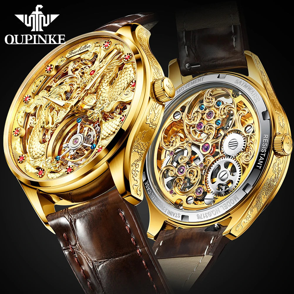 OUPINKE 3176 Top Brand Tourbillon Watch for Men Original Leather Strap Golden Dragon Design Automatic Mechanical Movement Watch