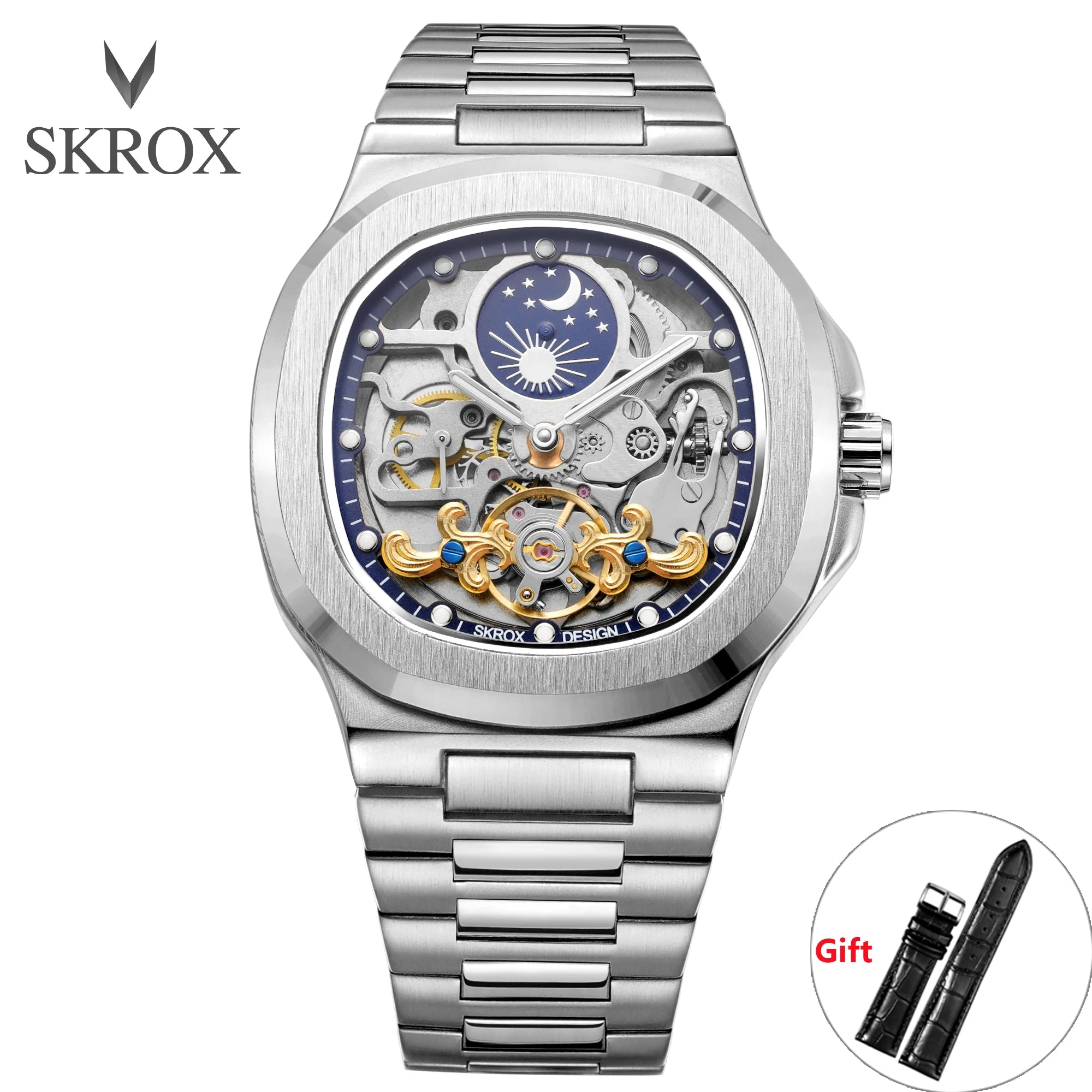 2025 High-end Luxury SKROX Square Man Watch Sapphire Stainless Steel Skeleton Moon Phase Classic Automatic Movement Male Watches
