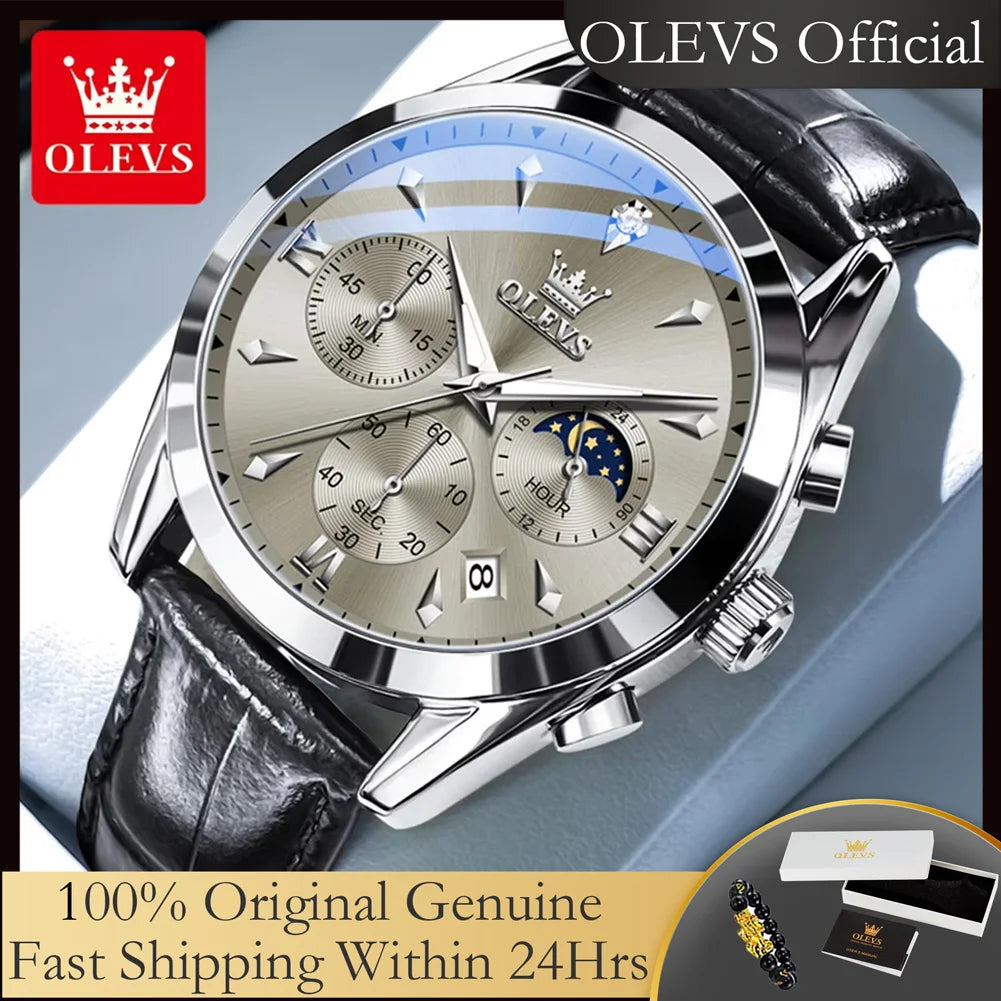 OLEVS 3609 Original Moon Phase Chronograph Man Watch Leather Strap Waterproof Luminous Luxury Brand Quartz Wrist Watches for Men