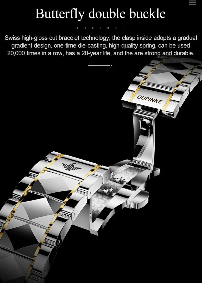 OUPINKE Watches Men Skeleton Automatic Mechanical Wristwatch Luxury Top Brand Sapphire Mirror Tungsten Steel Hollow Montre Homme