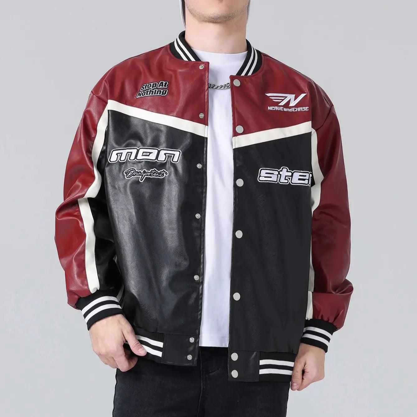 Mens PU Leather Jacket Motorcycle Bomber Jacket Letter Embroidery Coats Leather Vintage Racing Windbreaker Outerwear Streetwear
