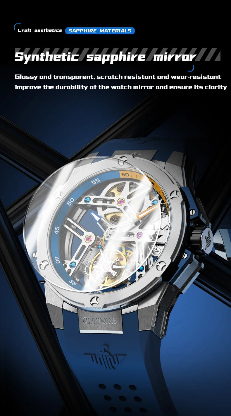 OUPINKE 8003 Tourbillon Men Watch Luxury Brand Hollow out Automatic Mechanical Watch Silicone Waterproof Sapphire Mirror Watch