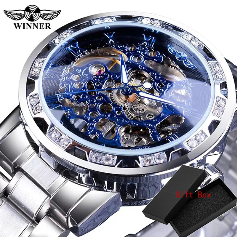Winner Transparent Fashion Diamond Luminous Gear Movement Royal Design Men Top Brand Luxury Male Mechanical Skeleton Wrist Watch