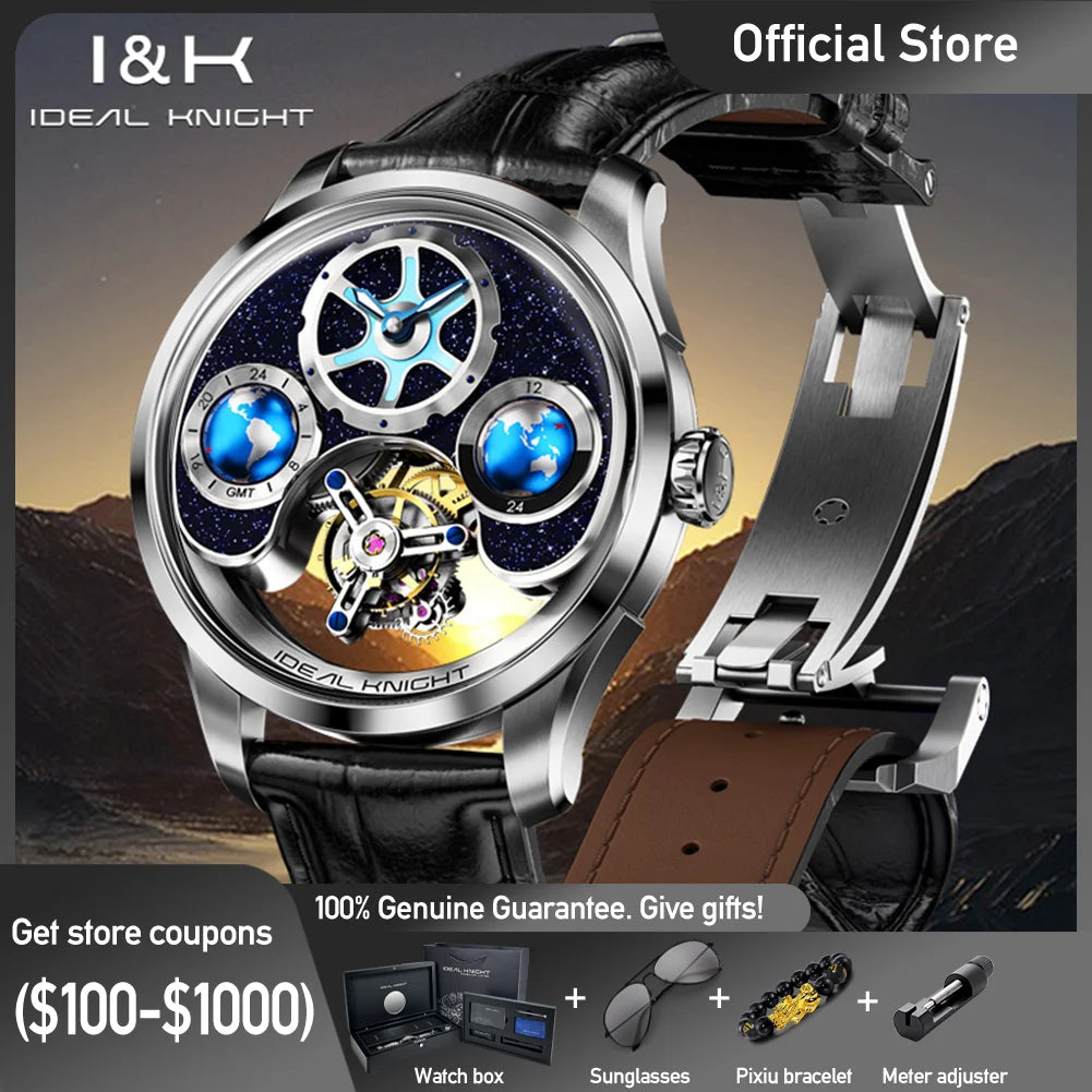 IDEAL KNIGHT Top Brand Luxruy Mens Watch Advanced Tourbillon Automatic Mechanical Watch Waterproof Luminous Dual Region Time