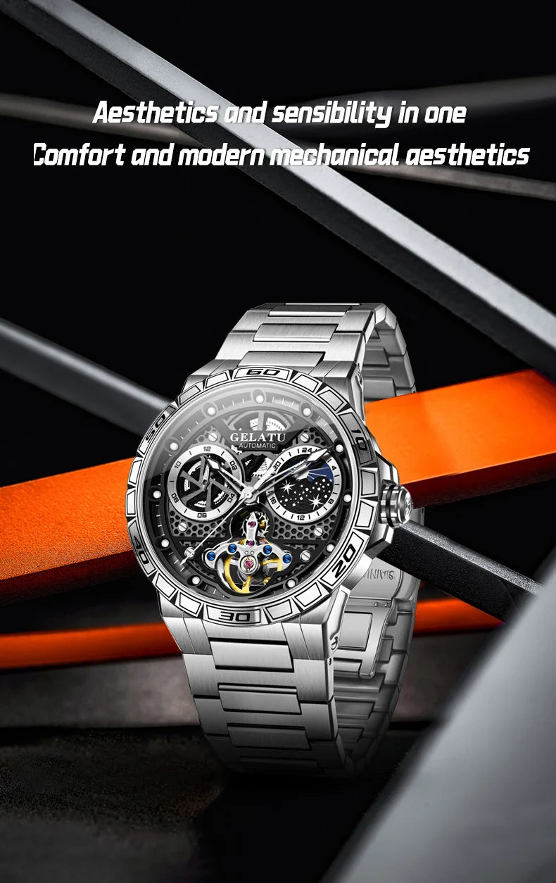 GELATU 6020 Trend Men's Watches Multifunctional Automatic Mechanical Watch for Men Flywheel Hollow out Moon Phase Wristwatch Man