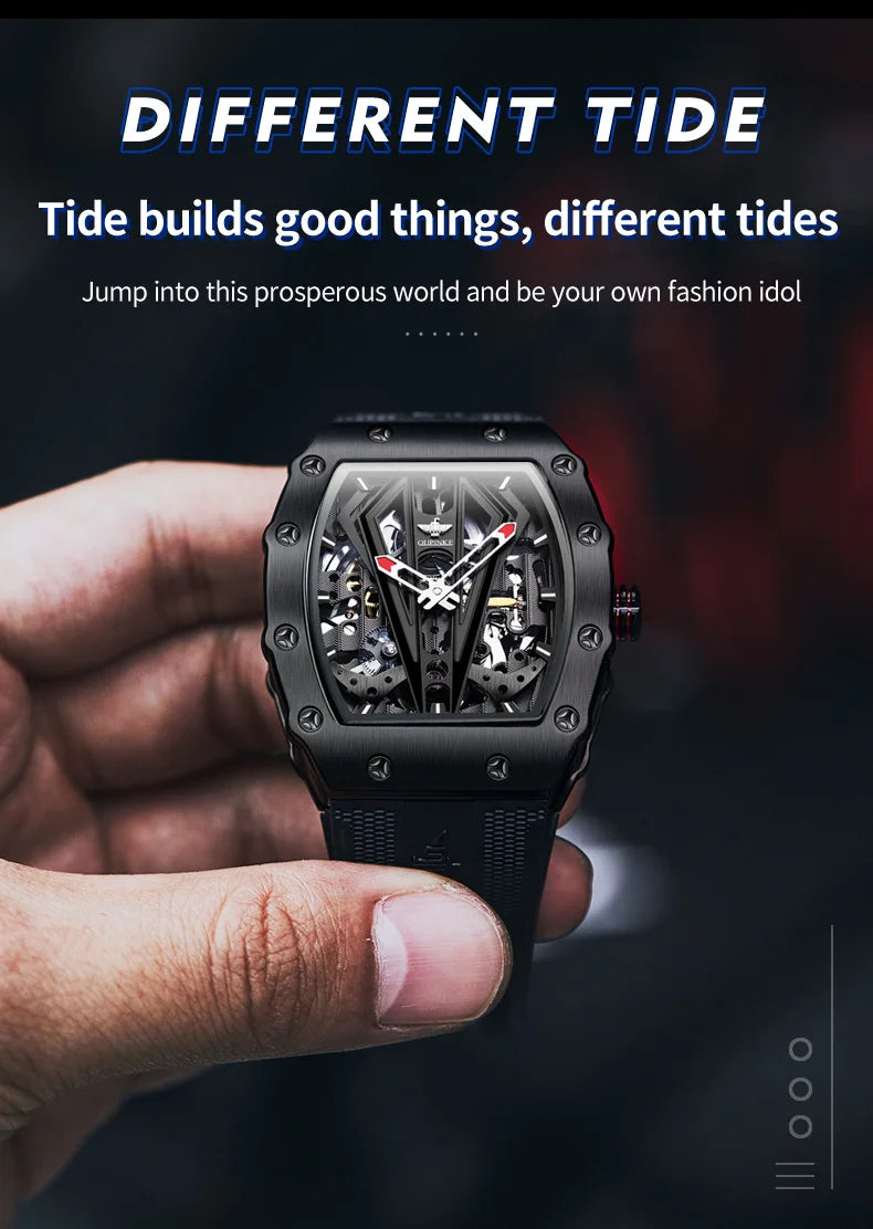 OUPINKE 3179 Men's Watches Top Brand Skeleton Tonneau Automatic Mechanical Luxury Original Watch for Men 5m Waterproof Man Watch