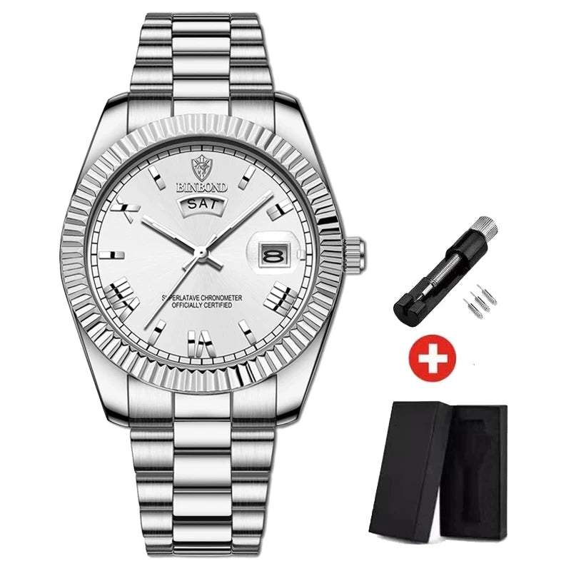2025 New Men Business Watches Fashion Arabic Dial Steel Band Male's Luminous Waterproof Quartz Watch Set(Gift box regulator Box）