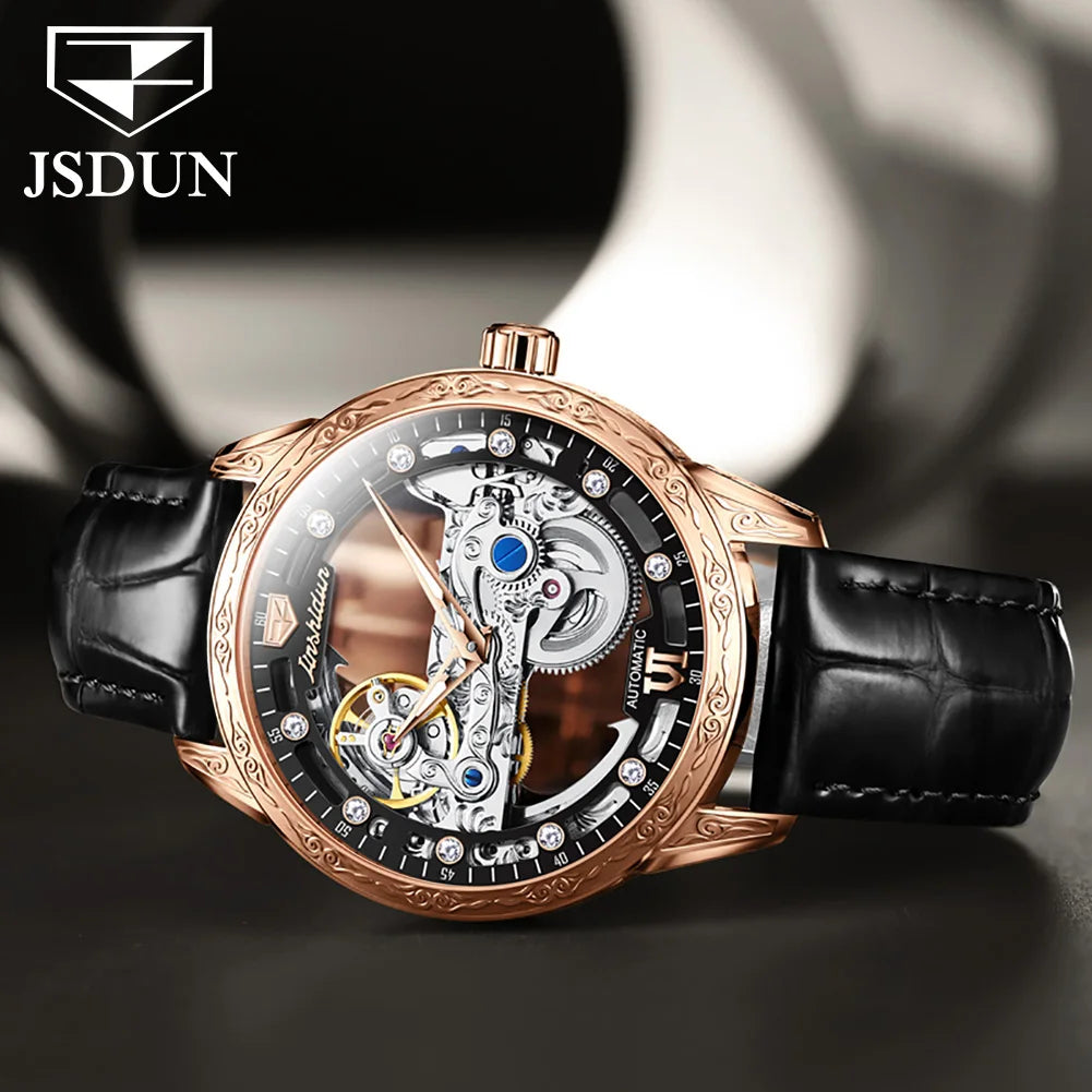 JSDUN 8917 Mens Watch Leather Strap Original Business Multifunctional Mechanical Watch﻿ Waterproof Watches For Man Gifts