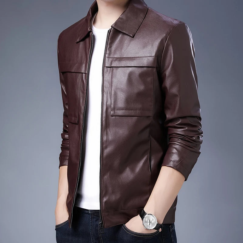 Leather Men's Coat 2024 Spring Fall New Trend Plankton Handsome Motorcycle Overcome Casual Leather Jacket Men Handsome Coat