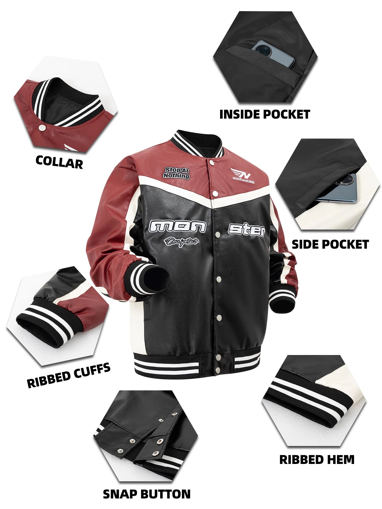 Mens PU Leather Jacket Motorcycle Bomber Jacket Letter Embroidery Coats Leather Vintage Racing Windbreaker Outerwear Streetwear