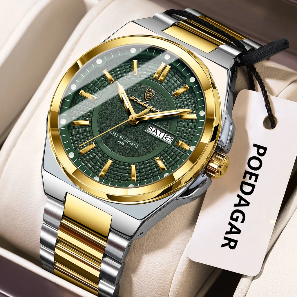 POEDAGAR Sport Original Men Clock Quartz Date Week Luxury Man Wristwatch Waterproof Luminous Stainless Steel Men's Watches Reloj