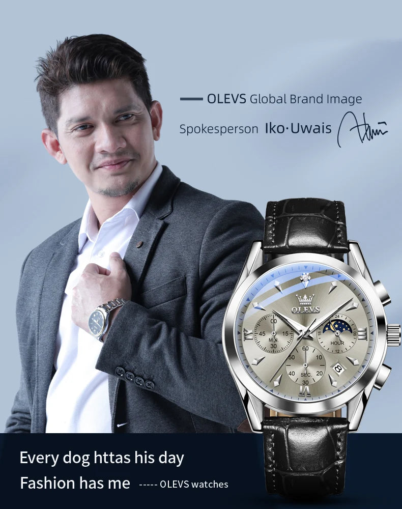 OLEVS 3609 Original Moon Phase Chronograph Man Watch Leather Strap Waterproof Luminous Luxury Brand Quartz Wrist Watches for Men