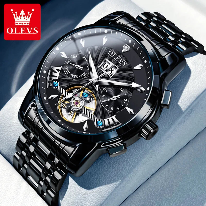 OLEVS Luxury Top Brand Watch for Men Automatic Mechanical Watches Waterproof Stainless Steel Skeleton Design Man Wristwatch