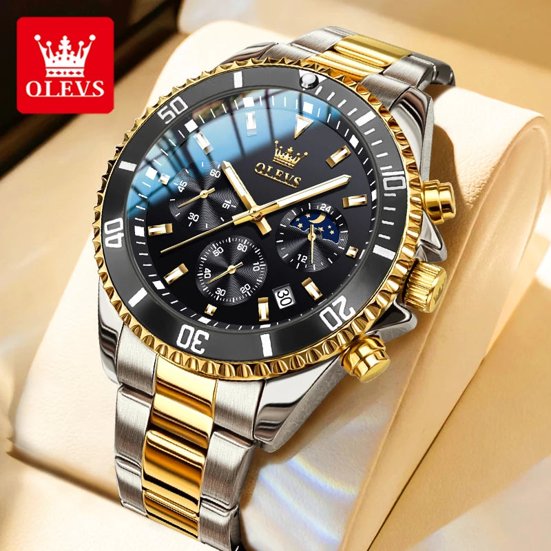 OLEVS Moon Phase Men's Watches Original Waterproof Luxury Quartz Watch Stainless Steel Chronograph Date Rota Dial Wristwatch