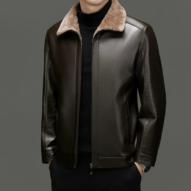 Leather Jacket Men's Winter Luxury Clothing Fur One-piece Thickened Biker Leather Jacket Men's Business Casual Warm Leather Coat