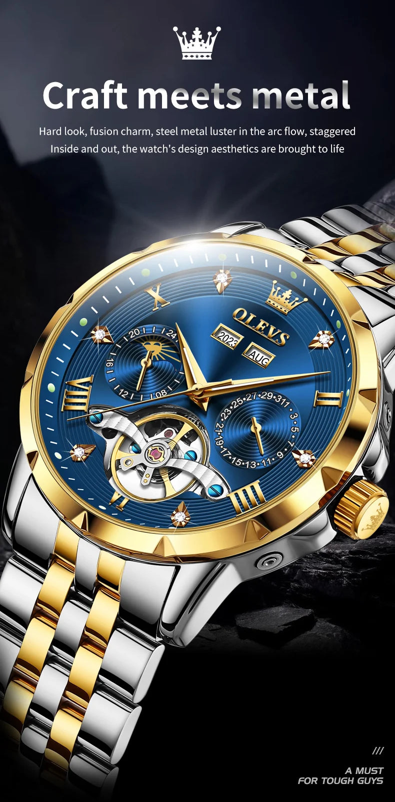 OLEVS Skeleton Multifunctional Men's Watch Automatic Mechanical Luxury Wrist Watch For Men Waterproof Stainless Steel Strap 6691