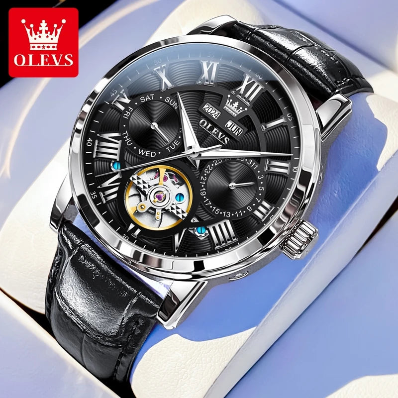 OLEVS 6668 Luxury Skeleton Automatic Mechanical Men Watch Top Brand Movement Roman Scale Calendar Waterproof Business Men Watch