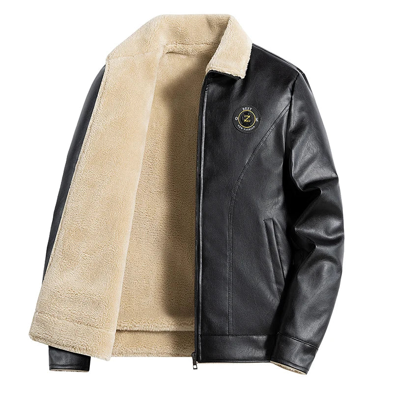 Men's Jackets Faux Leather with Fur Turn-down Collar Embroidered Brand Windproof Warm Coat Outwear