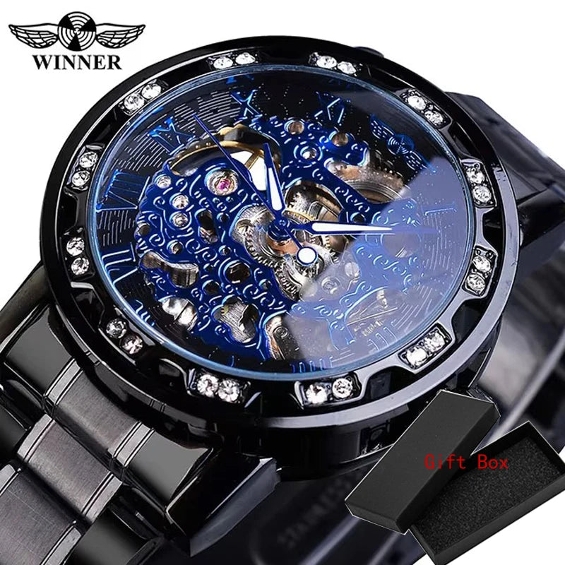 Winner Transparent Fashion Diamond Luminous Gear Movement Royal Design Men Top Brand Luxury Male Mechanical Skeleton Wrist Watch
