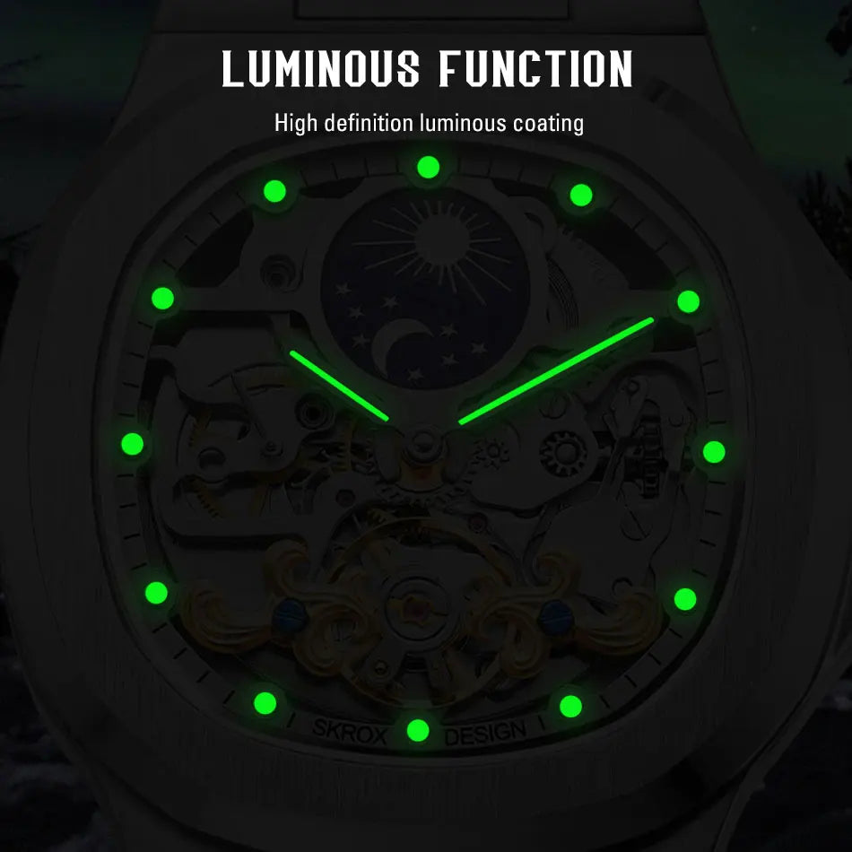 2025 High-end Luxury SKROX Square Man Watch Sapphire Stainless Steel Skeleton Moon Phase Classic Automatic Movement Male Watches