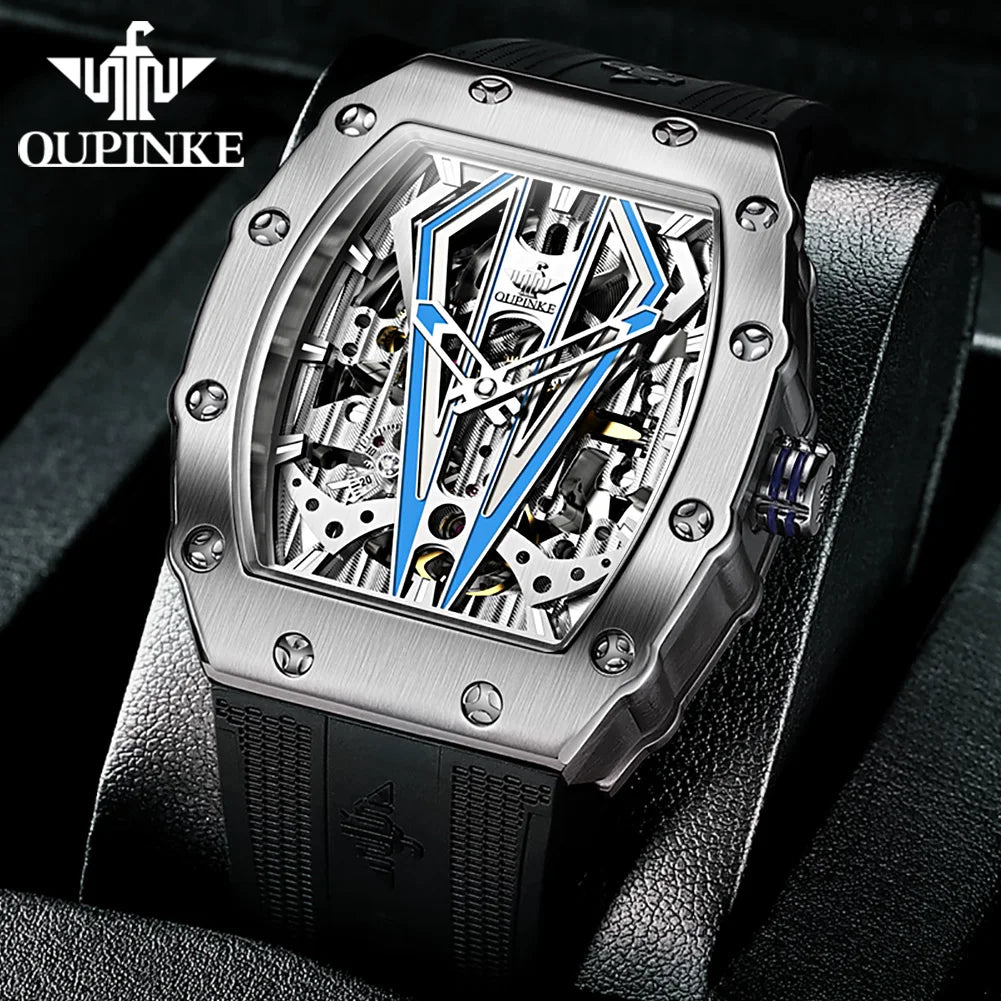 OUPINKE 3179 Men's Watches Top Brand Skeleton Tonneau Automatic Mechanical Luxury Original Watch for Men 5m Waterproof Man Watch