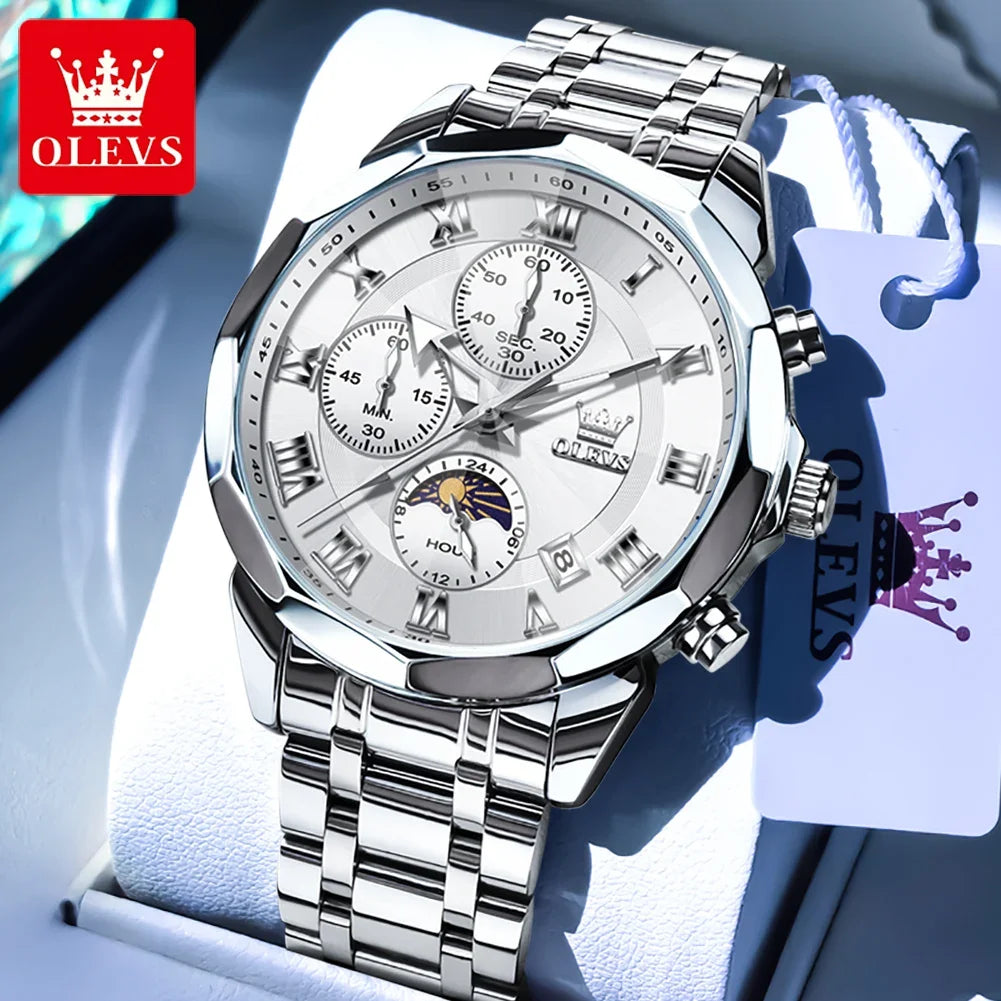 OLEVS 3675 Men's Multifunctional Chronograph Quartz Watch Waterproof Moon Phase Display Fashionable Gift for Men