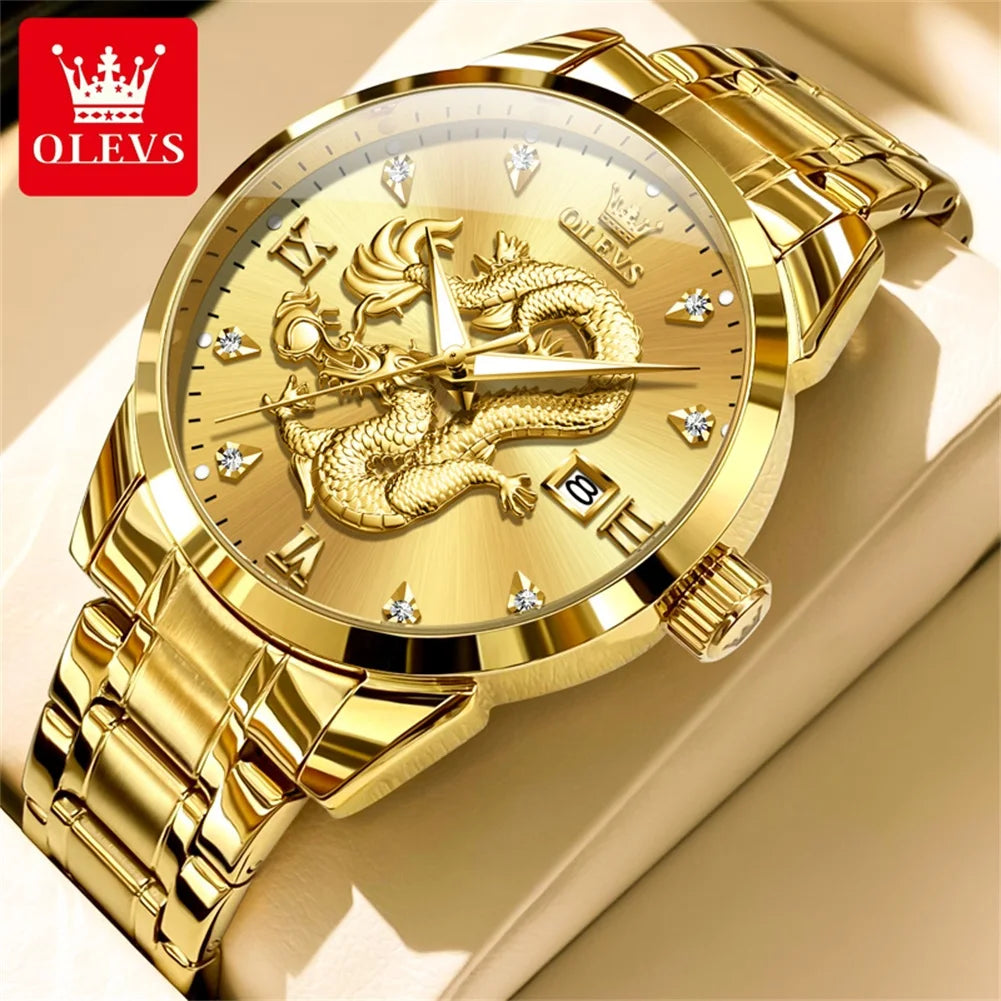 OLEVS 3619 Mens Watch Top Brand Fashion Original Quartz Watch for Man China Loong Dragon Dial Waterproof Luminous Date Reloj