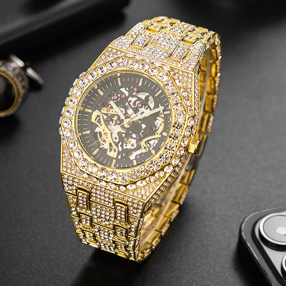 Automatic Watch For Men Luxury Full Ice Out Business Tourbillon Watches Bling Diamond Gold Male Mechanical Wristwatch Hot Sale