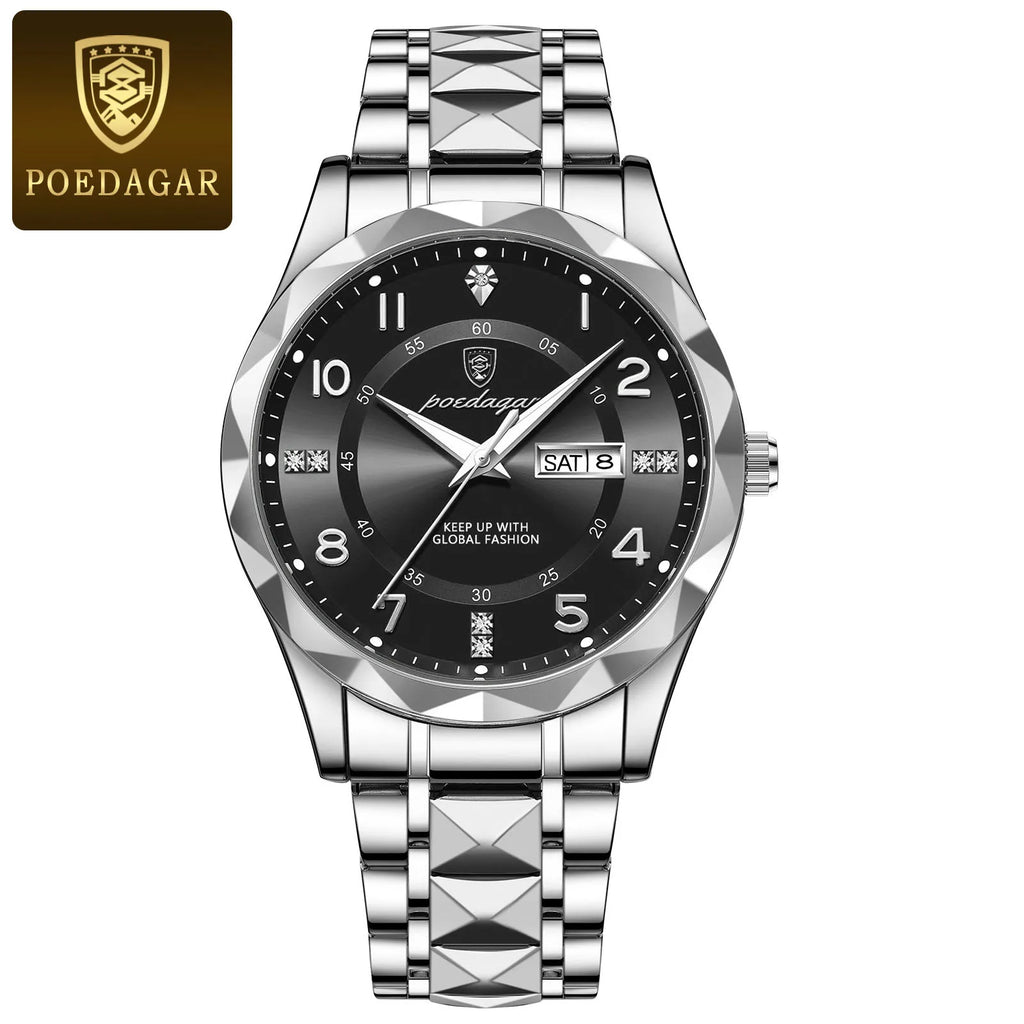 POEDAGAR Luxury Men Watch Waterproof Date Week Luminous Fashion Wristwatch Stainless Steel Quartz Sport Men's Watches Male Reloj