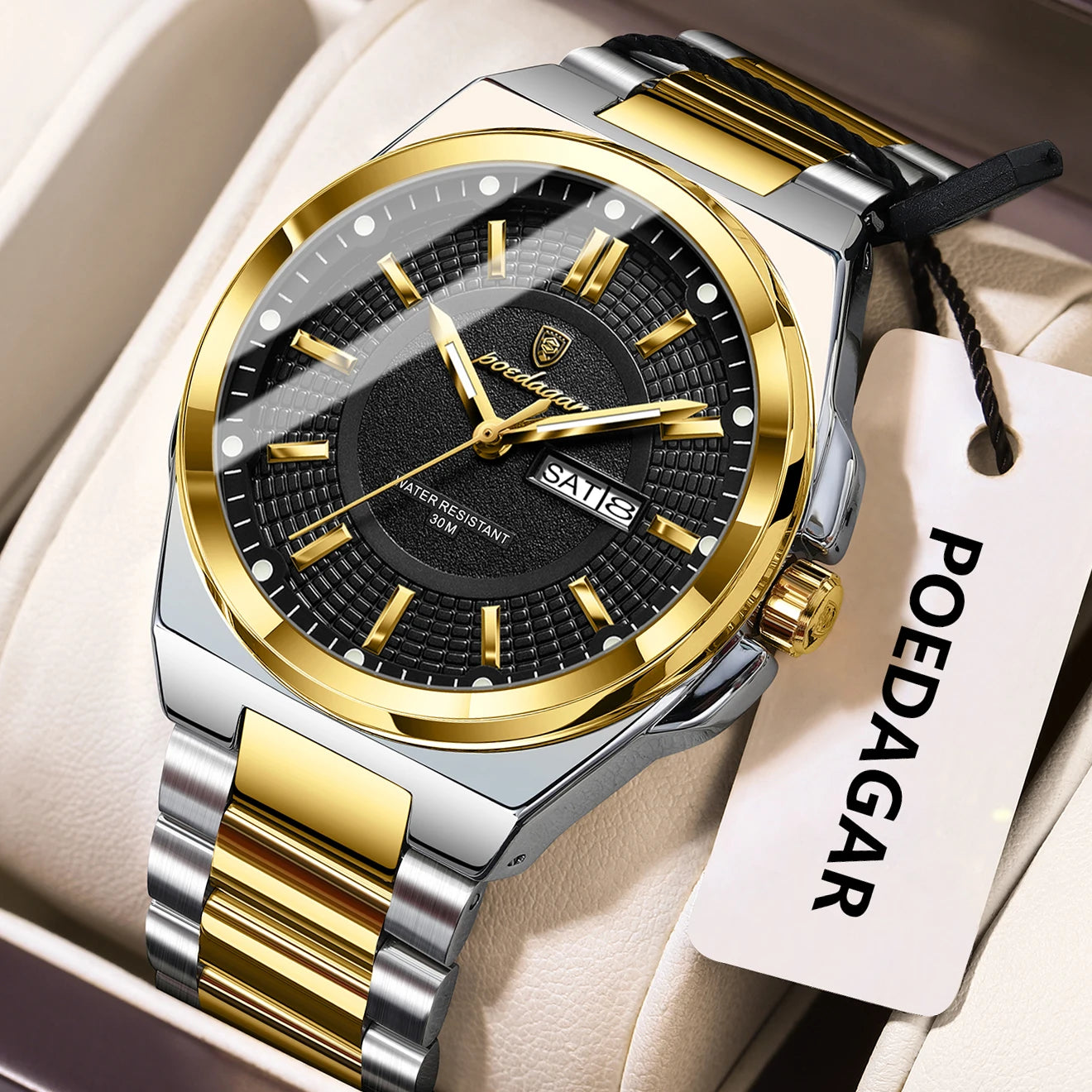 POEDAGAR Fashion Classic Men Wristwatches Stainless Steel Waterproof Luminous Man Watch Date Week Quartz Business Men's Watches