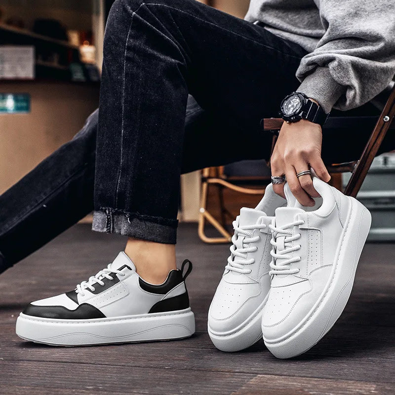 White Board Shoes Male Cow Leather Platform Shoes Man