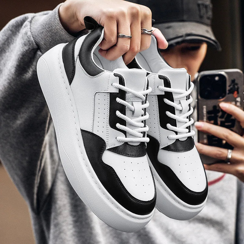 White Board Shoes Male Cow Leather Platform Shoes Man