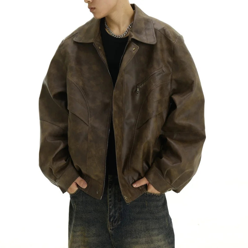 Men's Leather Jacket American style Retro Brown Make old Coat High Street fashion Casual Baggy Polo collar Jacket for men