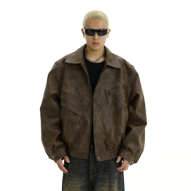 Men's Leather Jacket American style Retro Brown Make old Coat High Street fashion Casual Baggy Polo collar Jacket for men