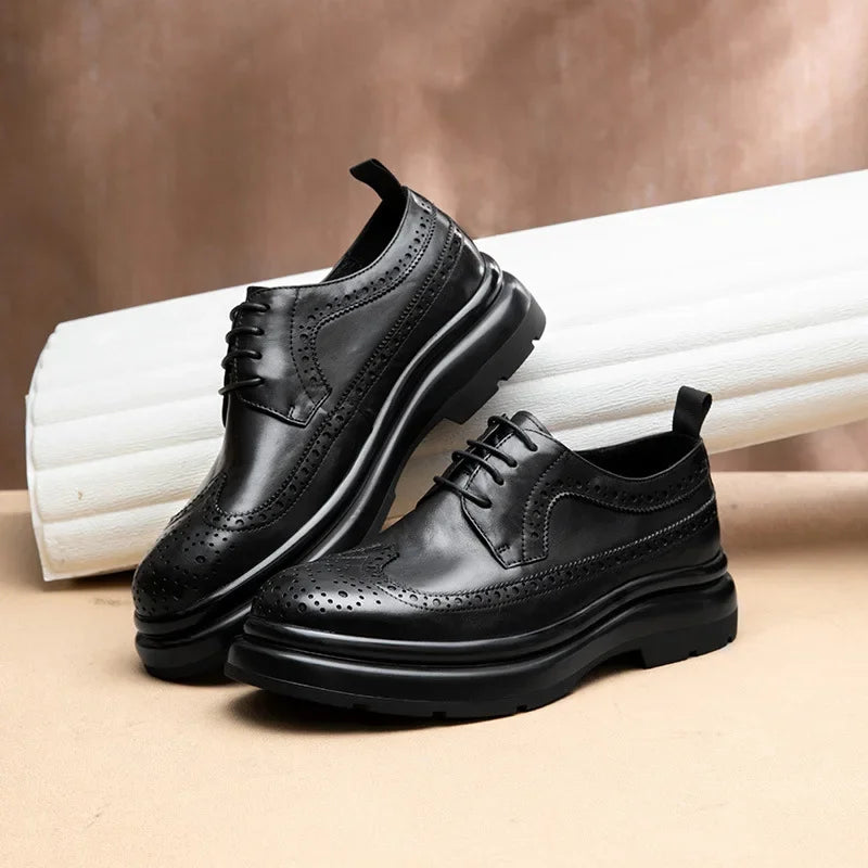 Spring Summer Leather Shoes Men's Genuine Leather Formal Casual Business British Trendy Brogue Thick Bottom Cowhide Shoes