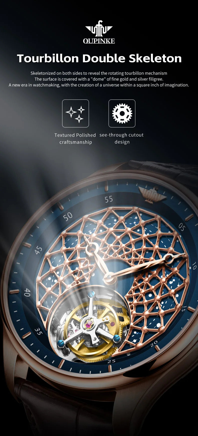 OUPINKE 8002 Watch Man Hollow Deep Waterproof Tourbillon Mechanical Watch For Men Synthetic Sapphire Mirror Fashion Hand Clock