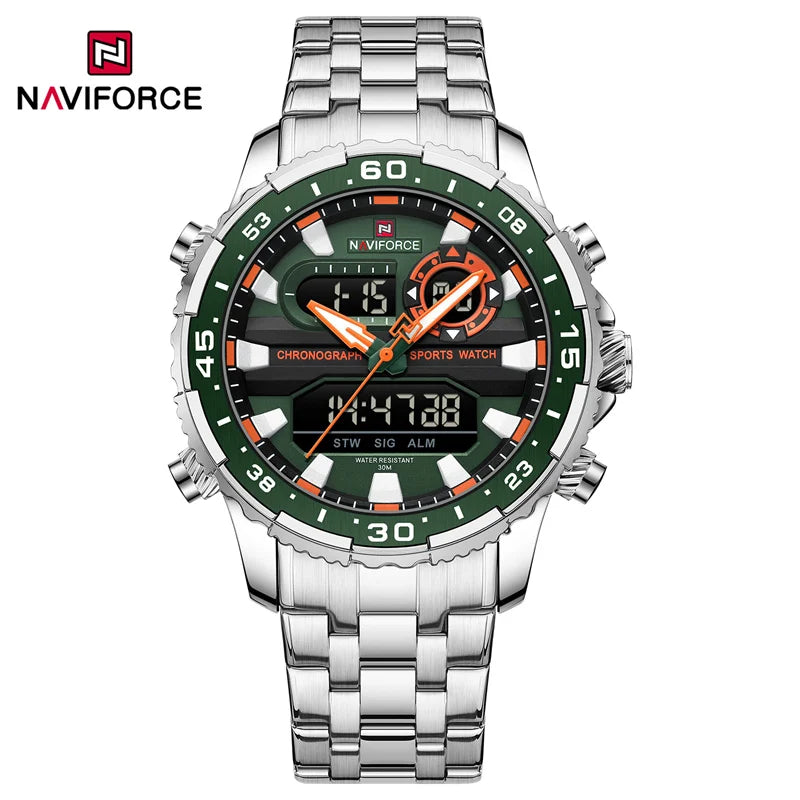 NAVIFORCE Men's Watch Luxury Waterproof Sports Chronograph Quartz Steel Band Wristwatch Digital Date and Week Display Male Clock